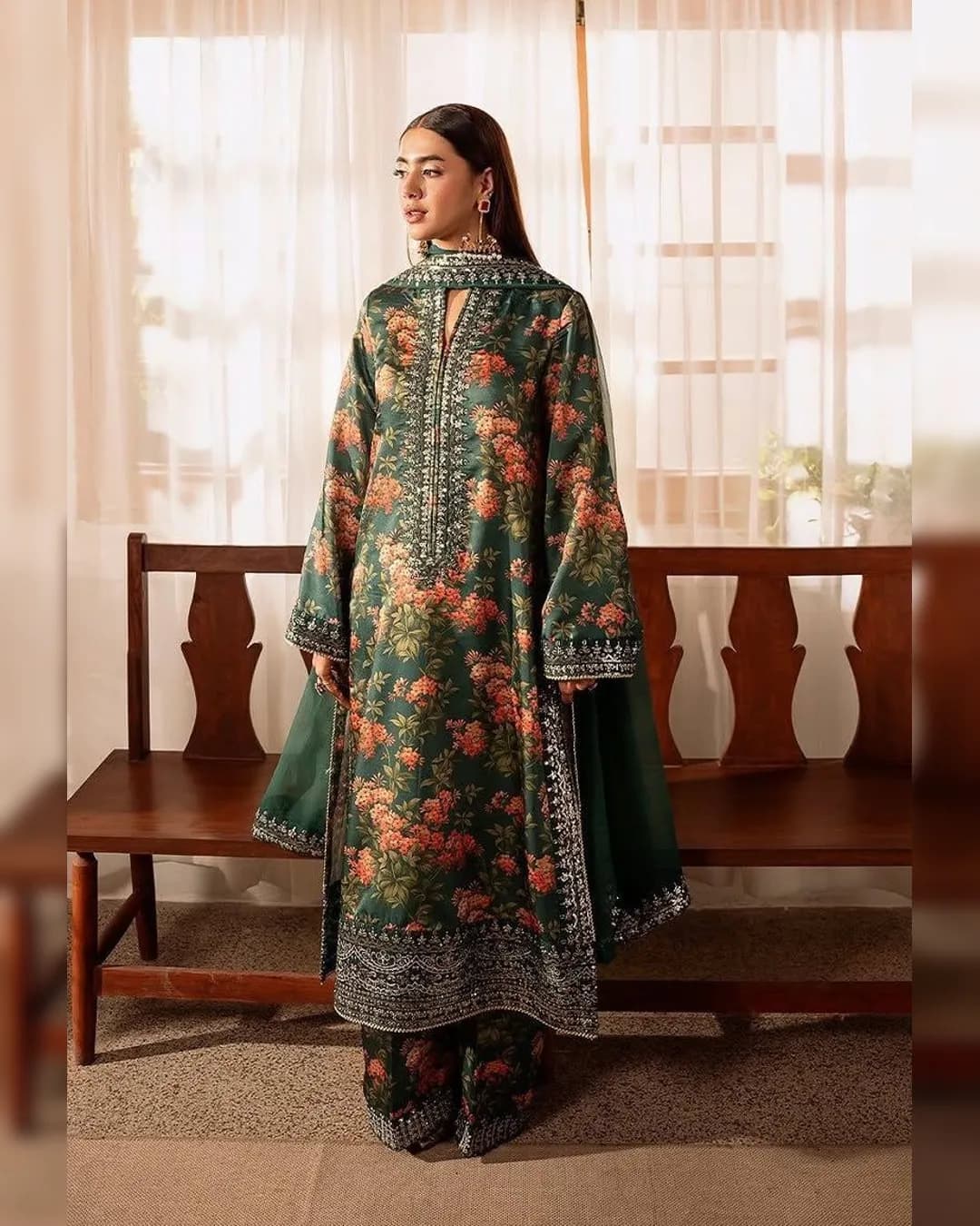 Luxurious French Silk Top, Plazo, and Dupatta Set with Sequins and Digital Print