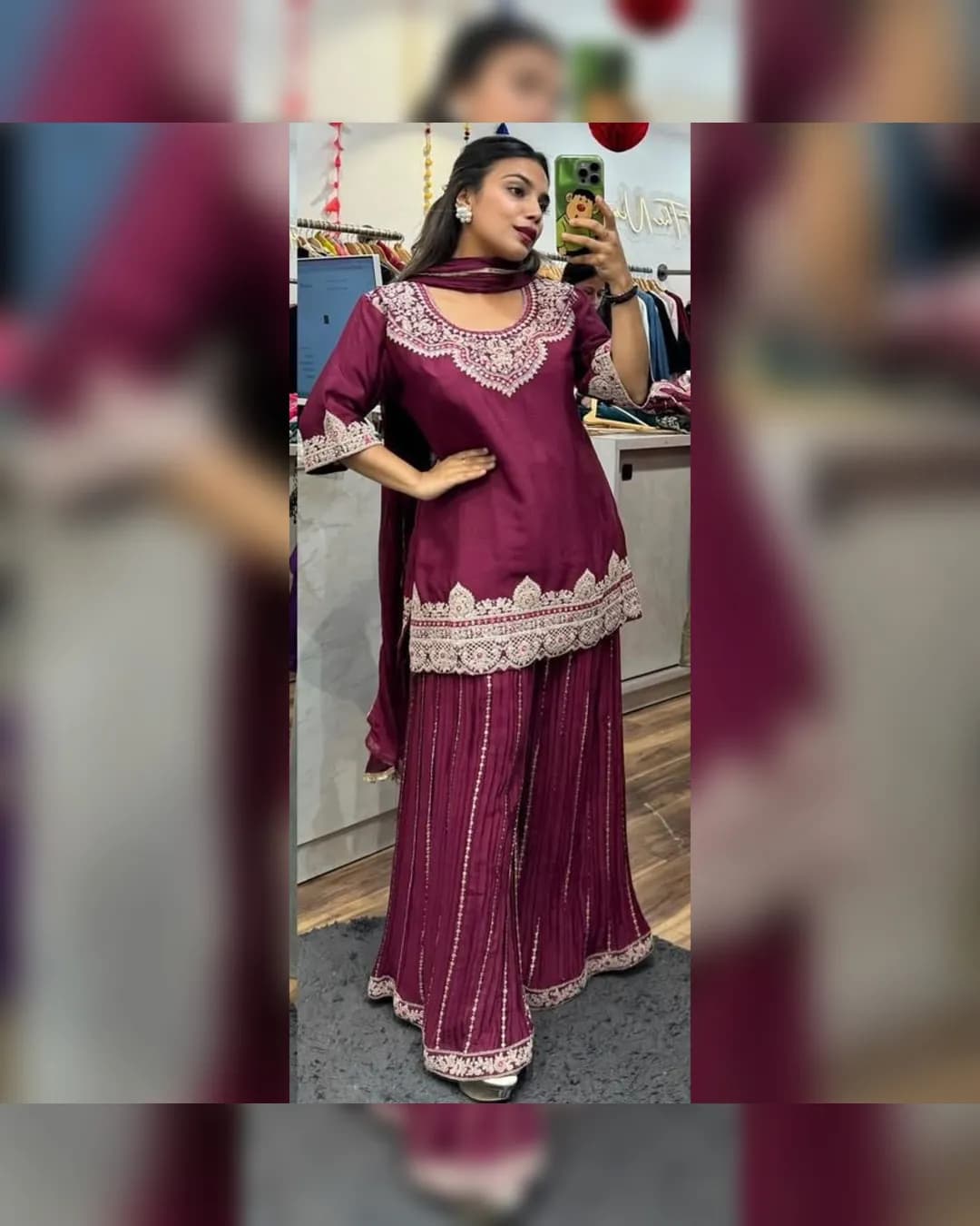 Elegant Pure Heavy Chinnon Silk Top Sharara & Dupatta Set with Embroidery