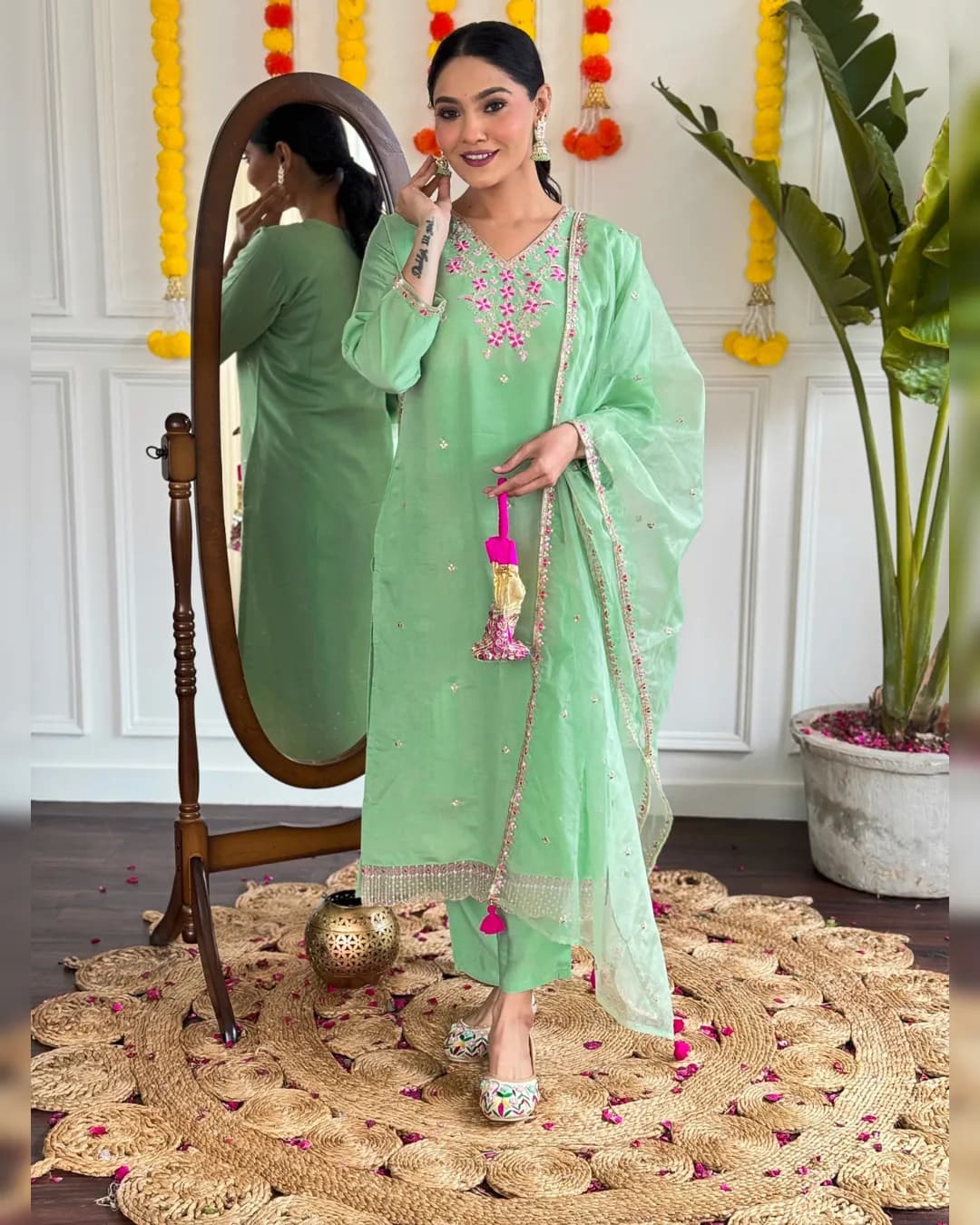 Women's Pista Viscose Chanderi Embroidered Kurta with Pant and Organza Dupatta Set