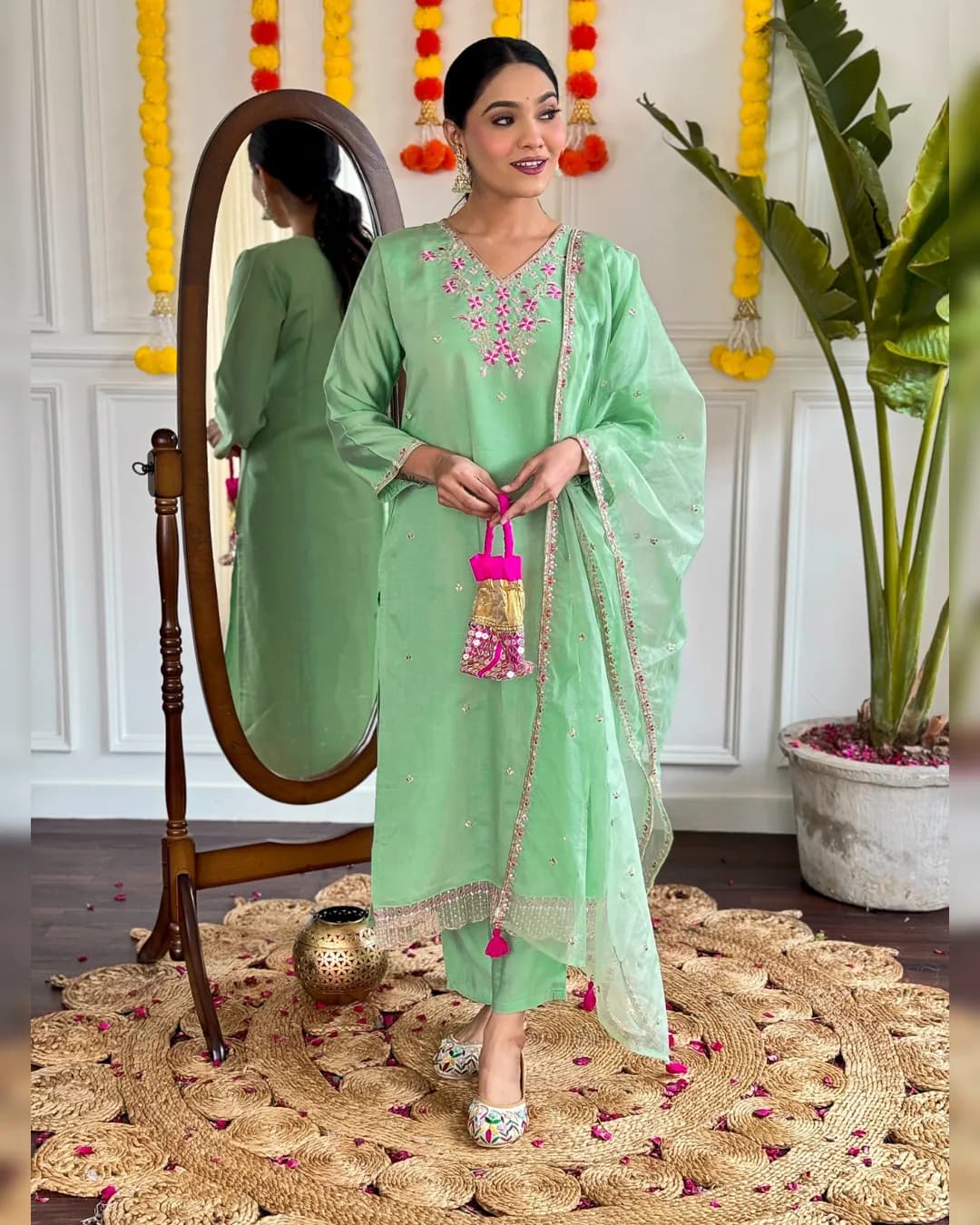 Women's Pista Viscose Chanderi Embroidered Kurta with Pant and Organza Dupatta Set alternate view