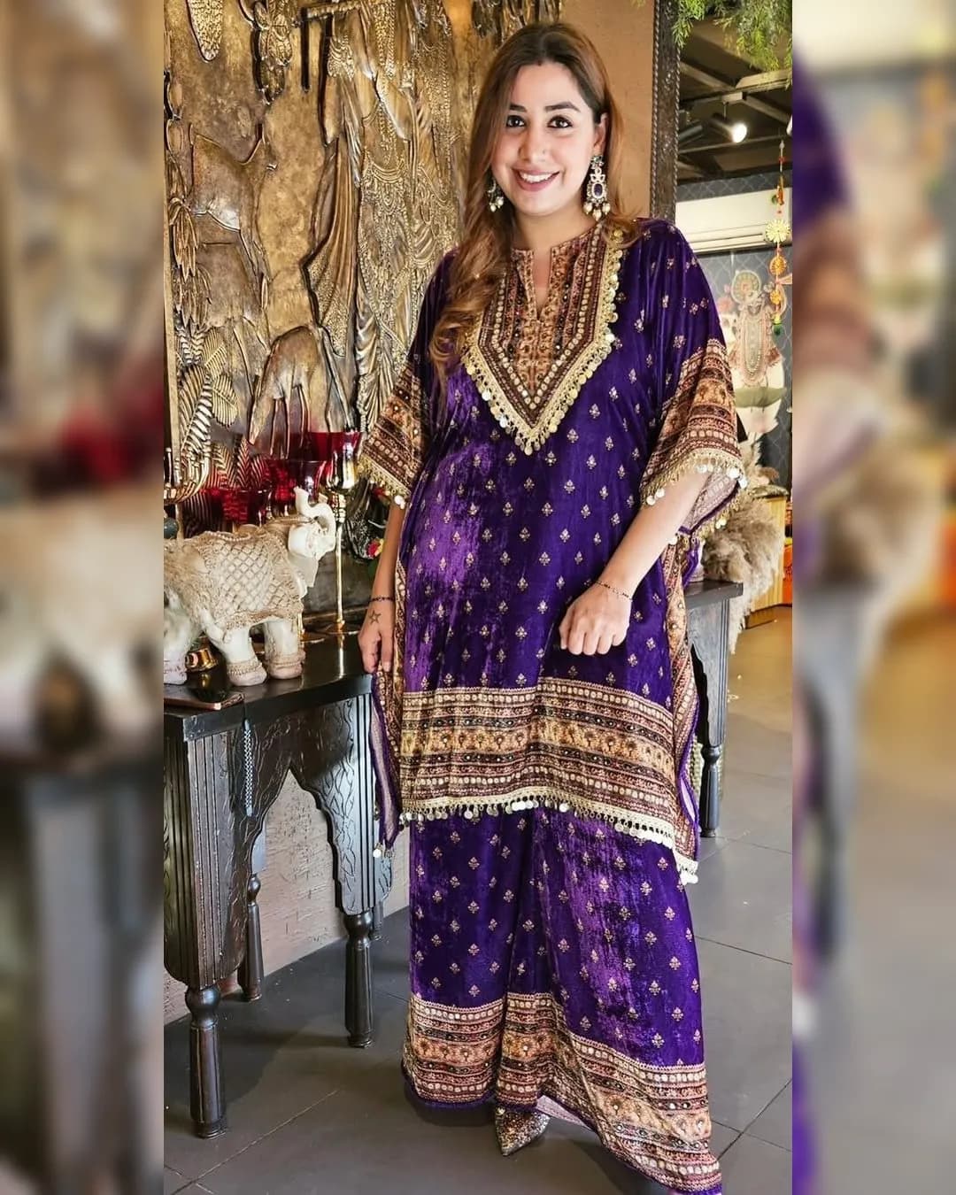 Luxurious Viscose Velvet Kaftan with Plazo – Digital Print with Lace Border alternate view