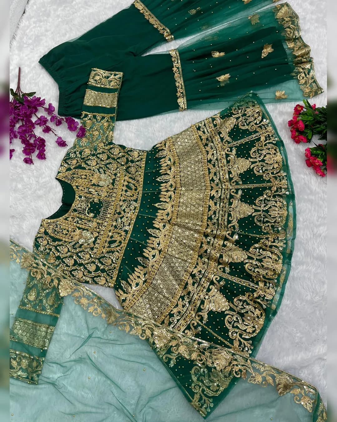 Eid Designer Collection: Elegant Embroidered Net Top, Silk Palazzo, and Dupatta alternate view