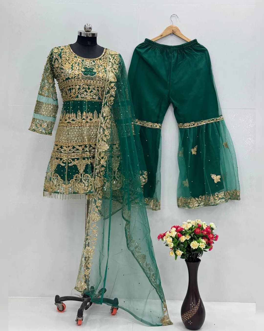 Eid Designer Collection: Elegant Embroidered Net Top, Silk Palazzo, and Dupatta