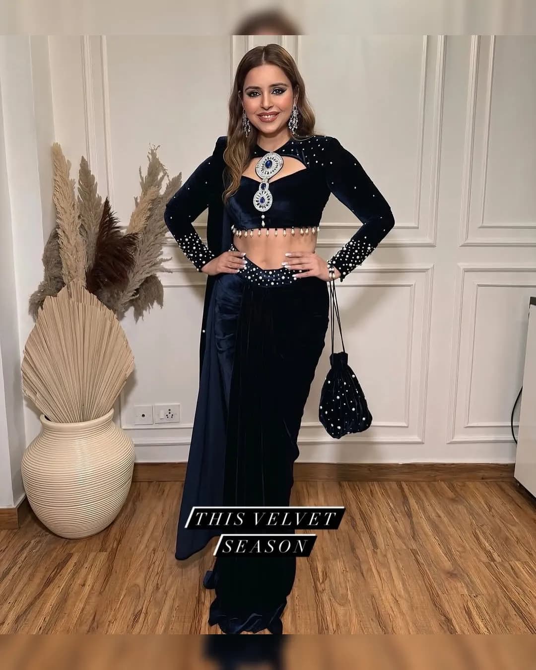 Exclusive Velvet Indo-Western Drape Lehenga Saree with Real Pearl Moti Work alternate view