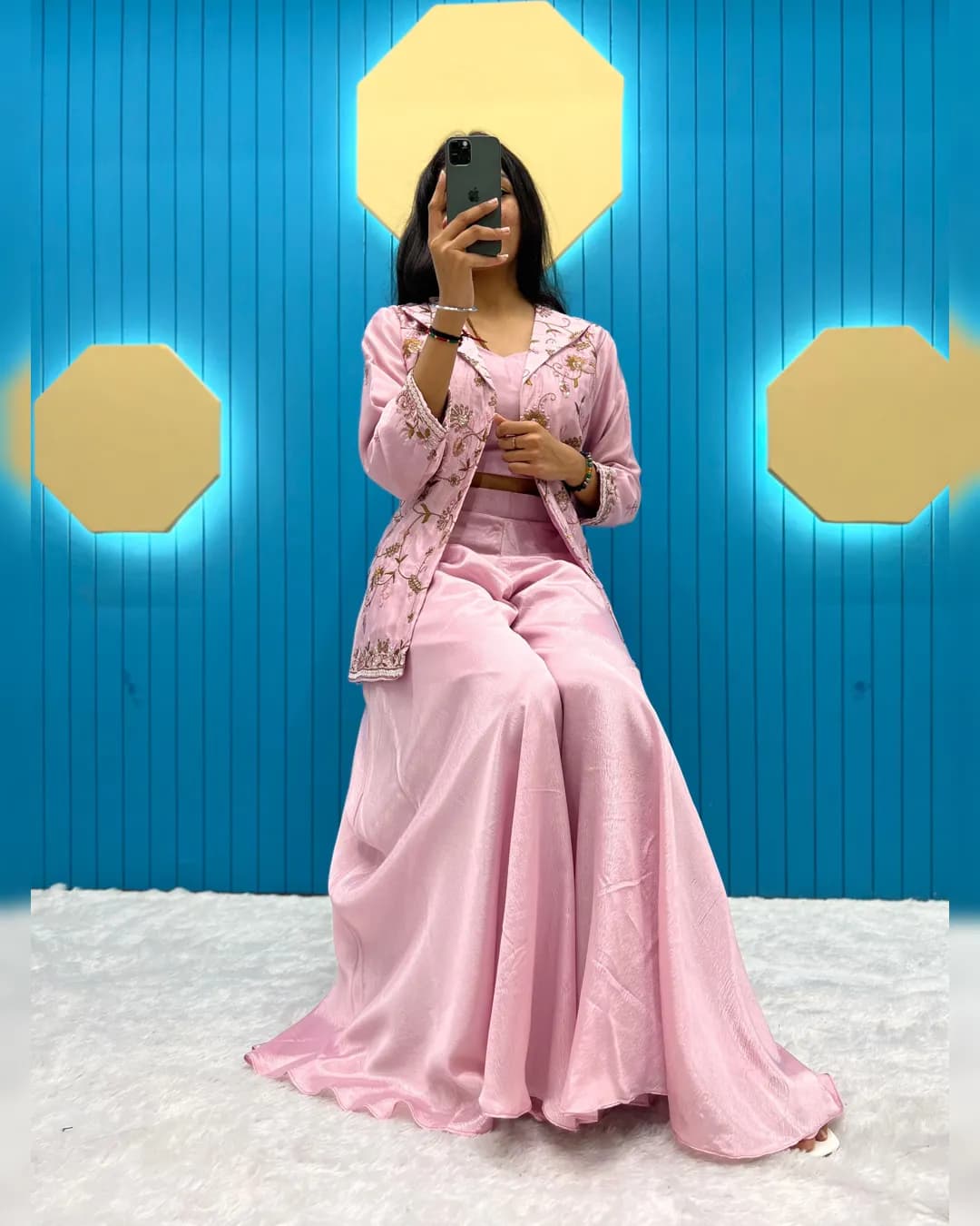 Designer Fancy Western Fiona Silk Co-ord Set with Blazer, Tube Choli, and Circular Palazzo alternate view