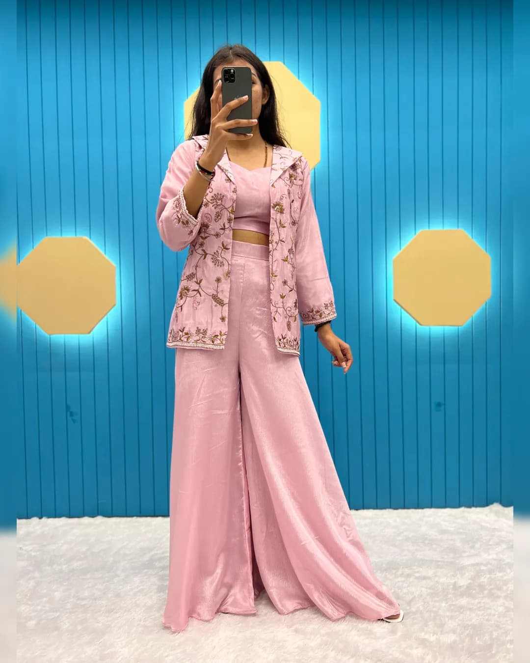 Designer Fancy Western Fiona Silk Co-ord Set with Blazer, Tube Choli, and Circular Palazzo