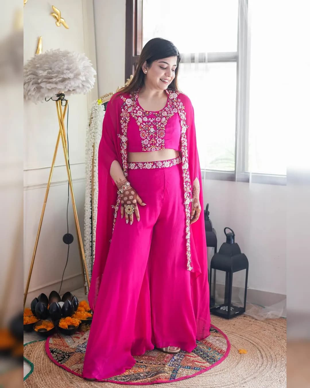 Elegant Party Wear Chinon Fabric Bustier-Plazo-Shrug Set with Embroidery