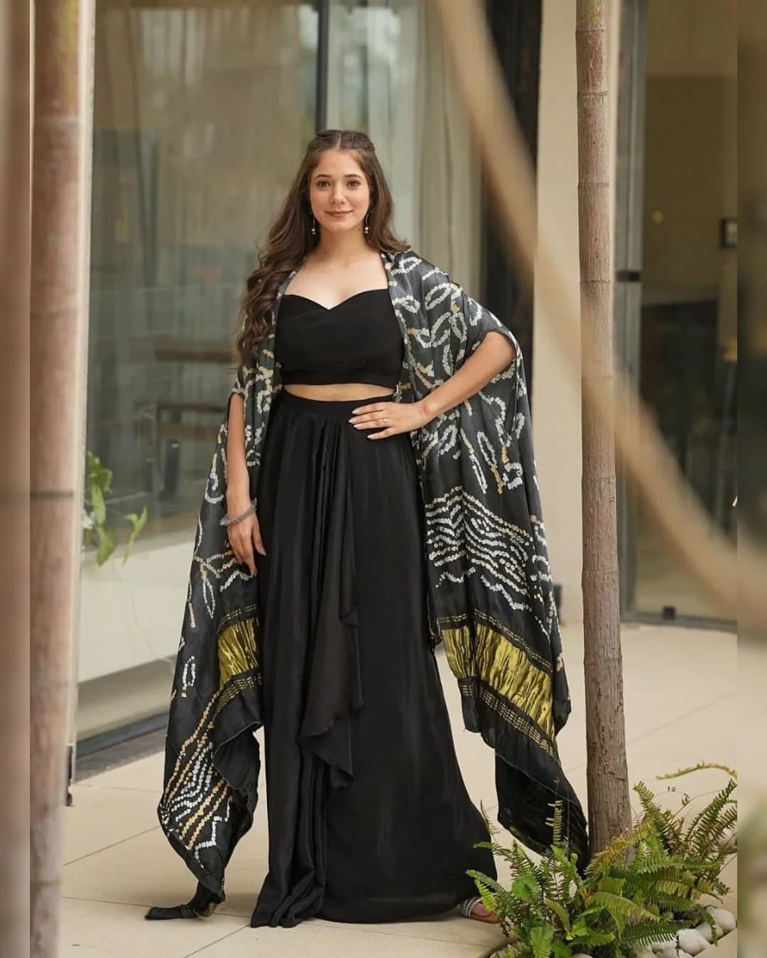 Party Wear Kota Chex Shrug, Georgette Drape Skirt, and Kodi Work Choli
