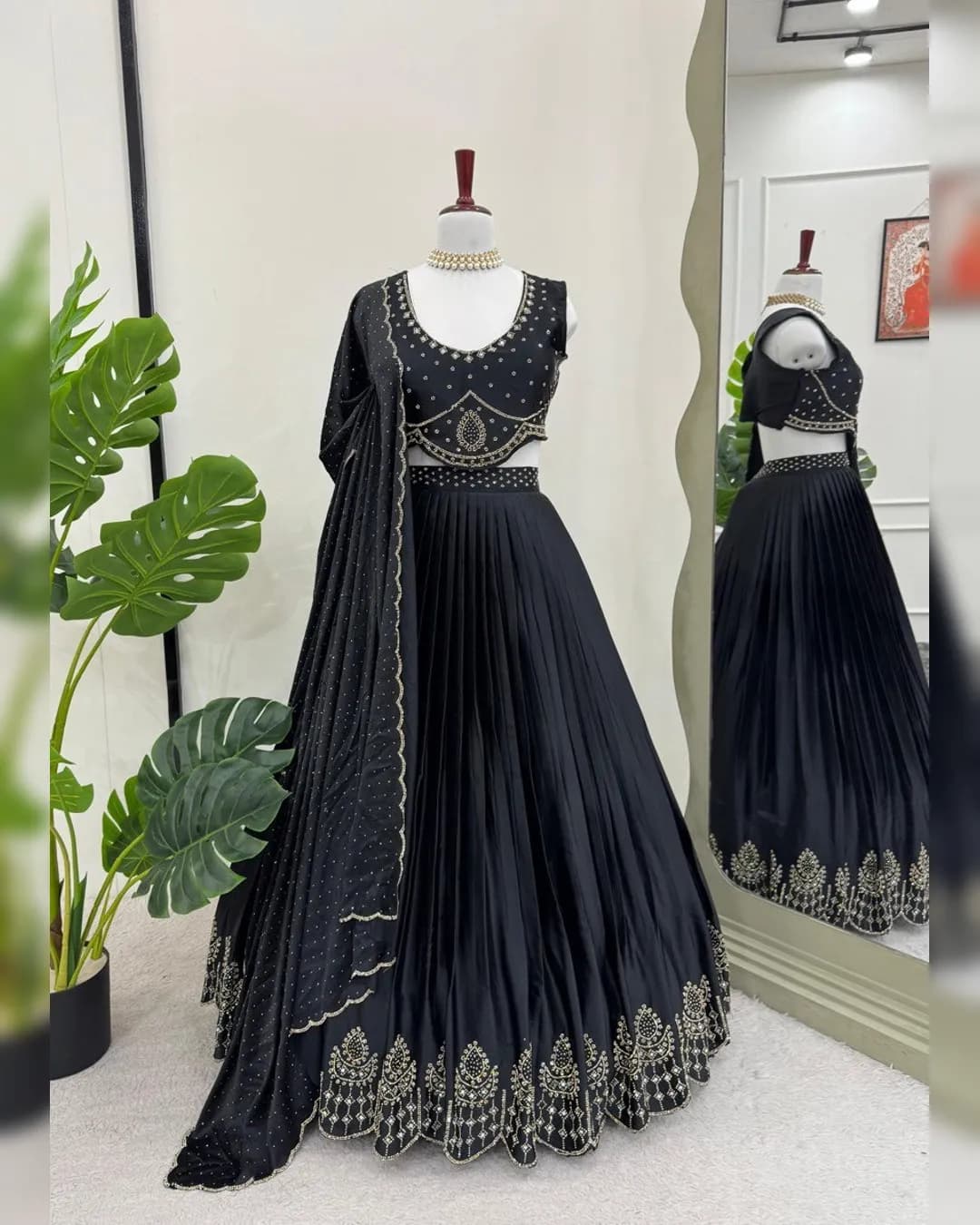 Wedding Special Satin Silk Lehenga Choli with Real Mirror Work & Cutwork Border Dupatta