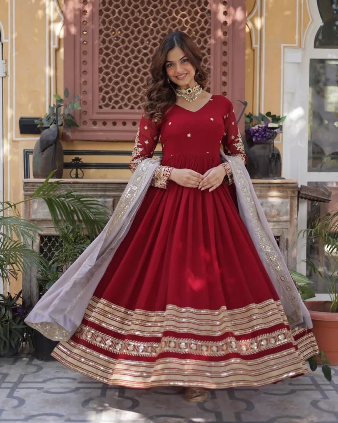 Designer ReadyMade Embroidery Zari Sequins Work Gown with Lace Border Dupatta 🌸💫