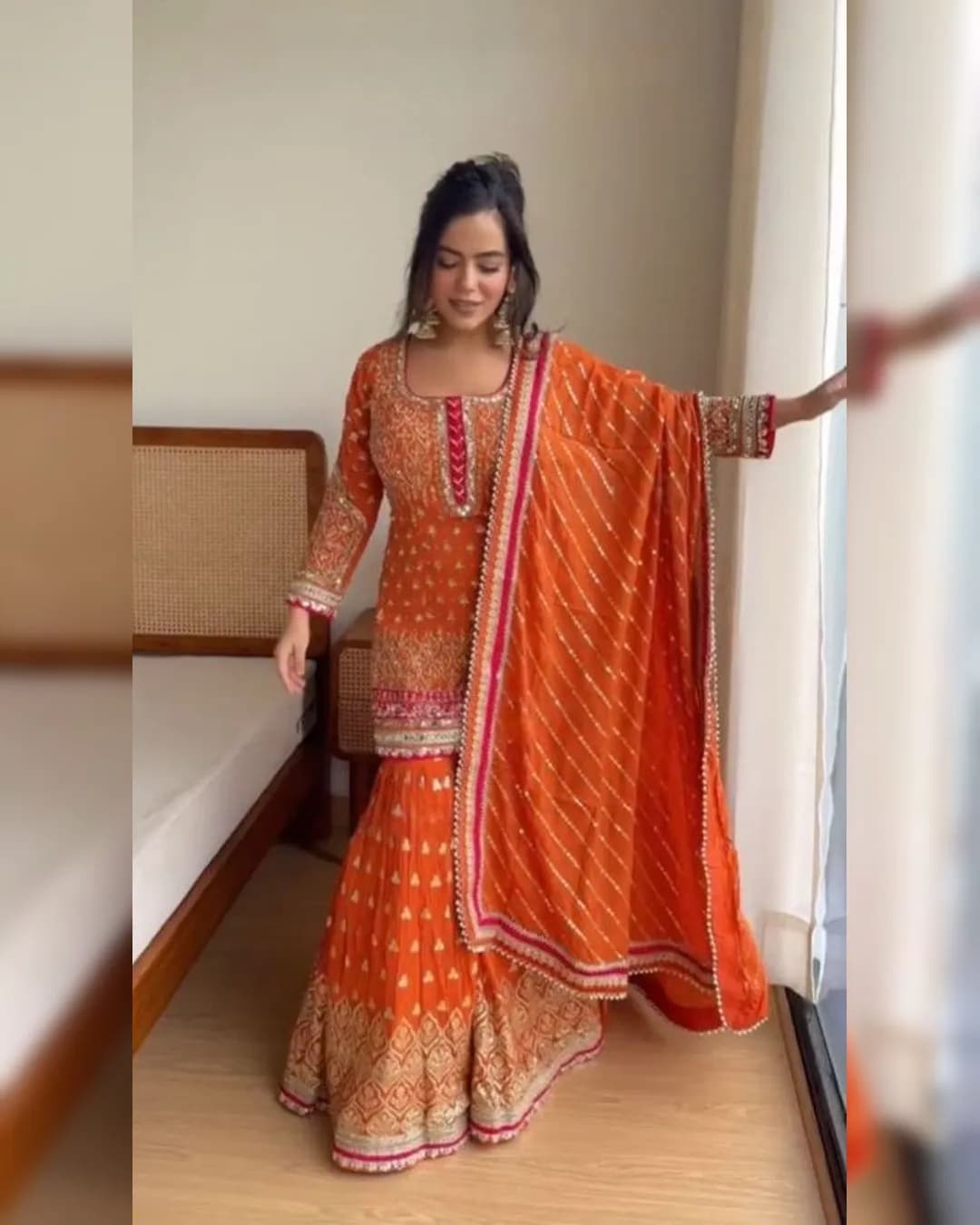 Faux Georgette Thread & Sequence Work Top with Sharara & Dupatta Set