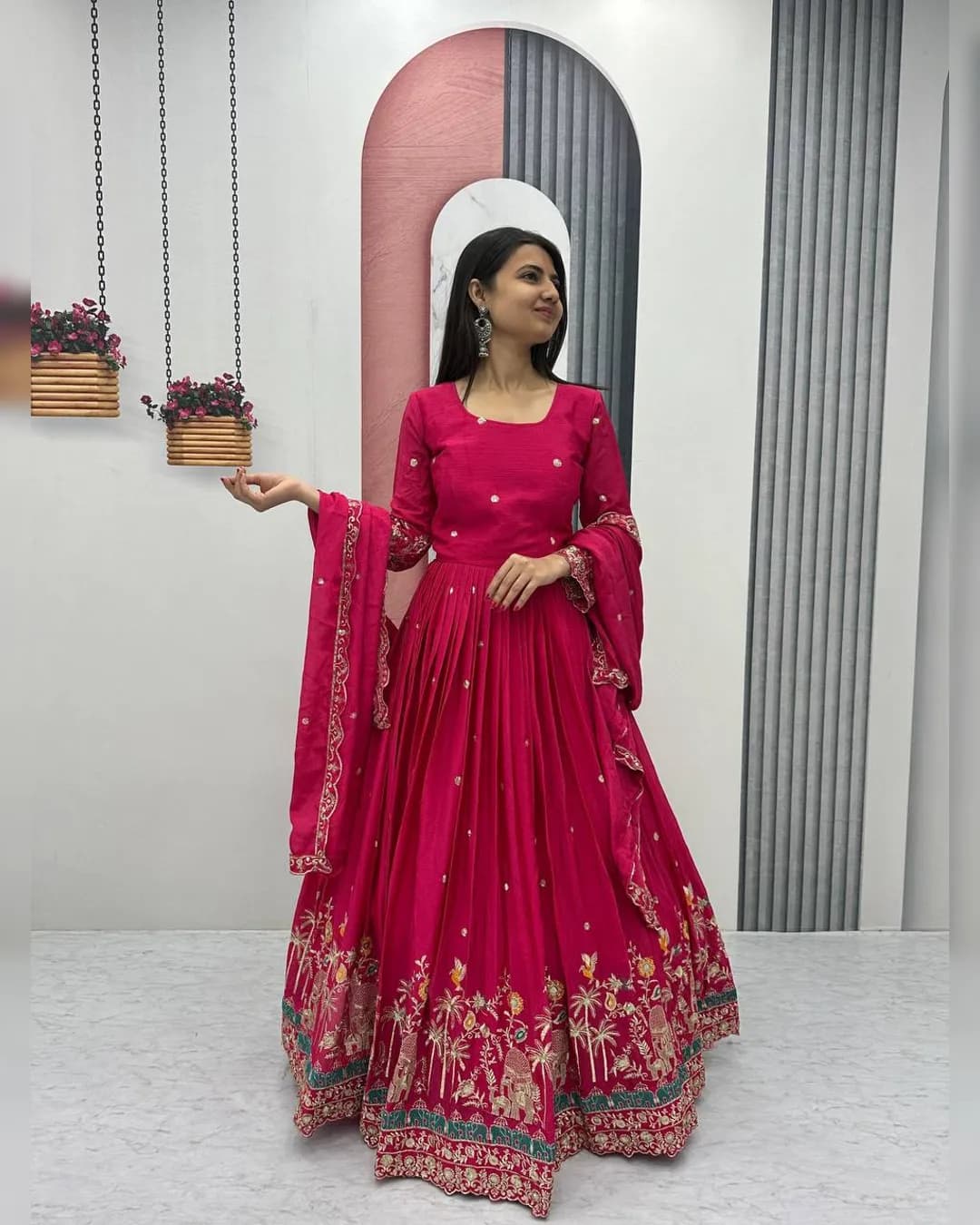 Wedding Special Heavy Embroidery Sequence Work Chinon Gown with Dupatta alternate view