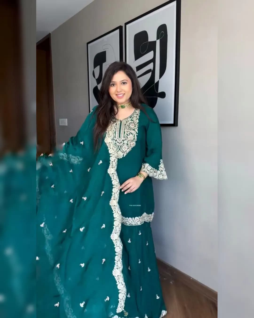 New Designer Pure Chinnon Silk Embroidery Coding Dori-Sequence Work Top-Plazzo Dupatta Set alternate view