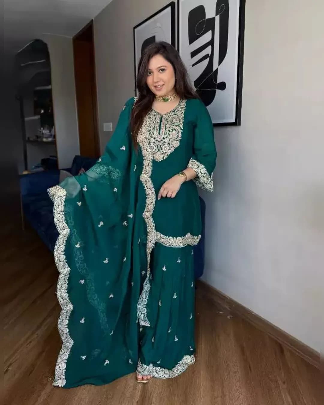 New Designer Pure Chinnon Silk Embroidery Coding Dori-Sequence Work Top-Plazzo Dupatta Set