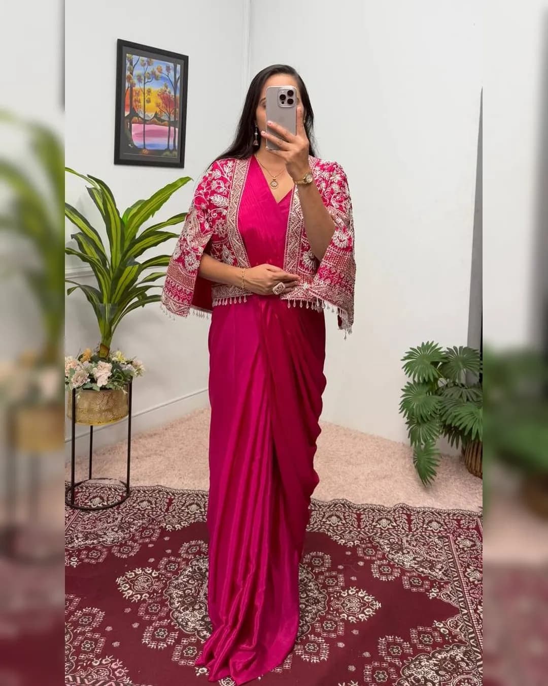 Wedding Special Chinon Ready To Wear Saree Blouse & Fully Embroidered with Fancy Lace Work Koti