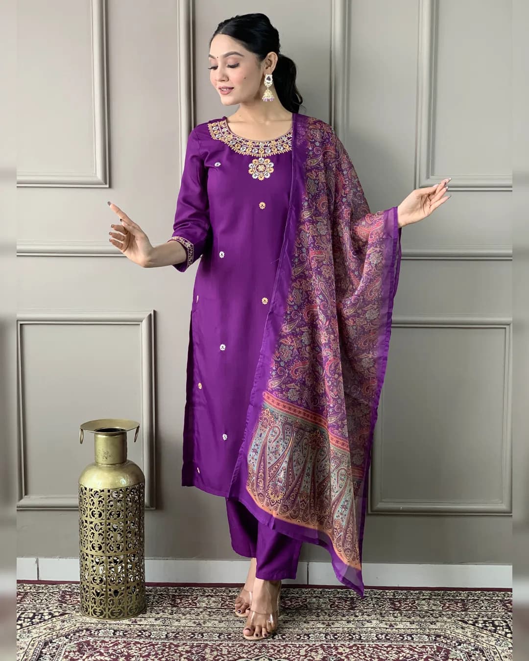 Elegant Rayon Slub Embroidered Kurta Set with Organza Dupatta