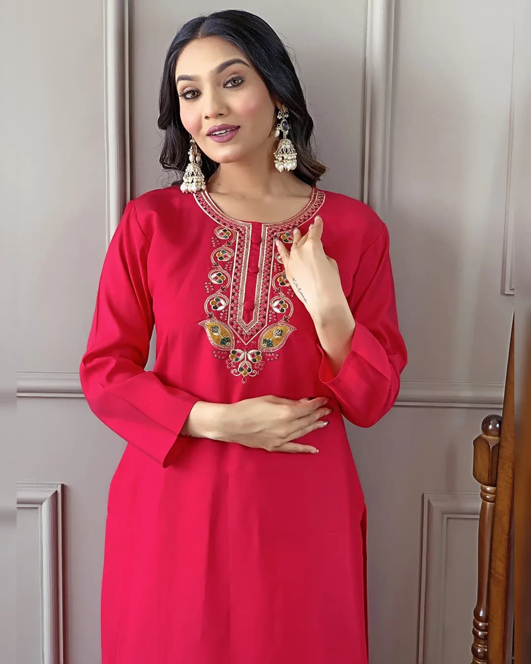 Women's Red Viscose Chanderi Embroidered Kurta Set with Pant & Jacquard Dupatta alternate view