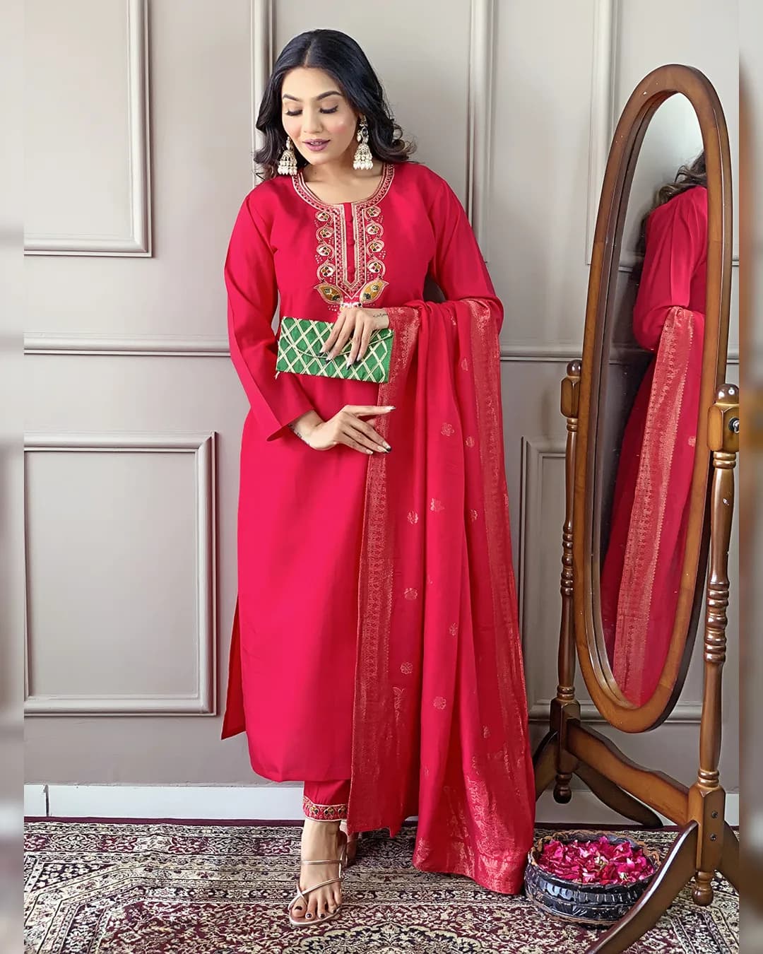Women's Red Viscose Chanderi Embroidered Kurta Set with Pant & Jacquard Dupatta
