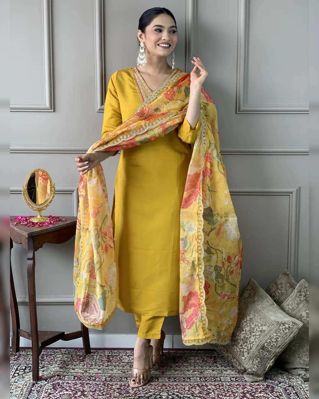 Women's Chanderi Embroidered Kurta Set with Pant & Organza Dupatta