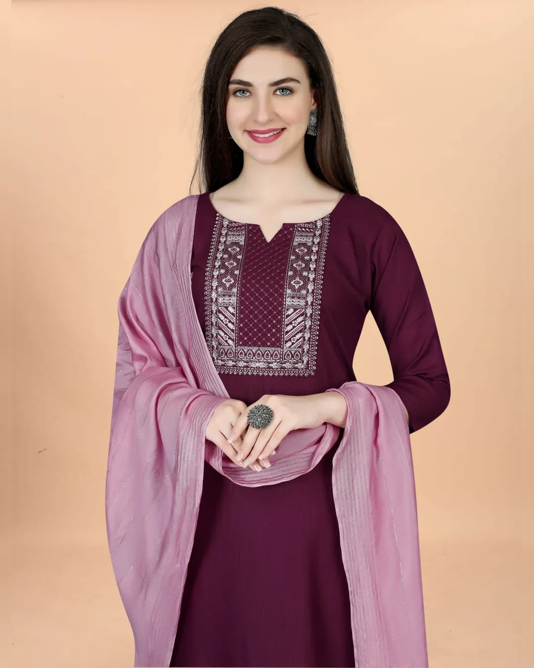 Women’s Cotton Blend Heavy Embroidered Kurta Set with Pant & Chanderi Dupatta alternate view