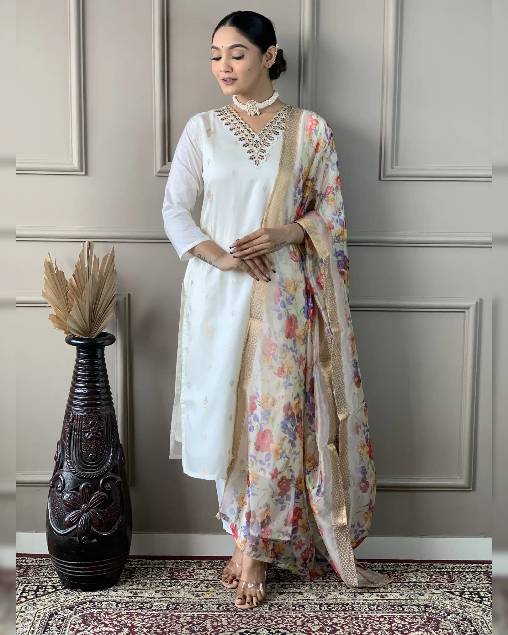Women's White Viscose Nylon Butti Embroidered Kurta Set with Pant & Silk Jacquard Printed Dupatta