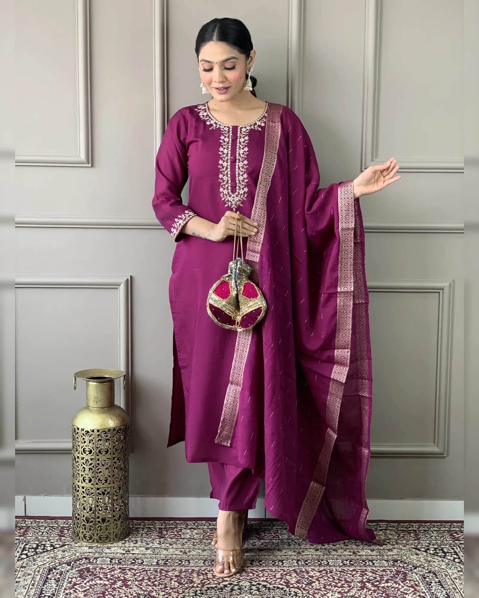 Women's Viscose Chanderi Embroidered Kurta Set with Pant & Cotton Jacquard Dupatta