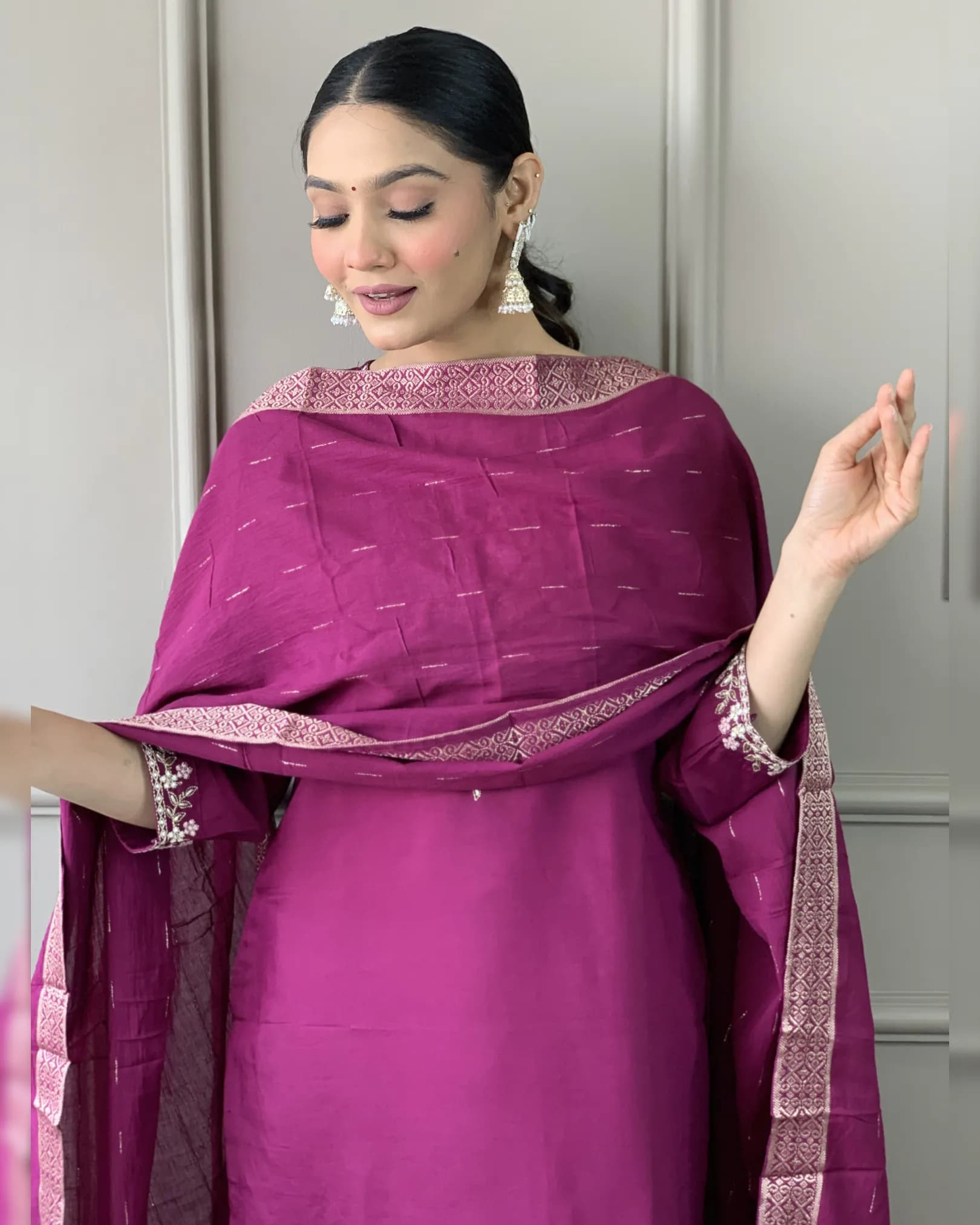 Women's Viscose Chanderi Embroidered Kurta Set with Pant & Cotton Jacquard Dupatta alternate view