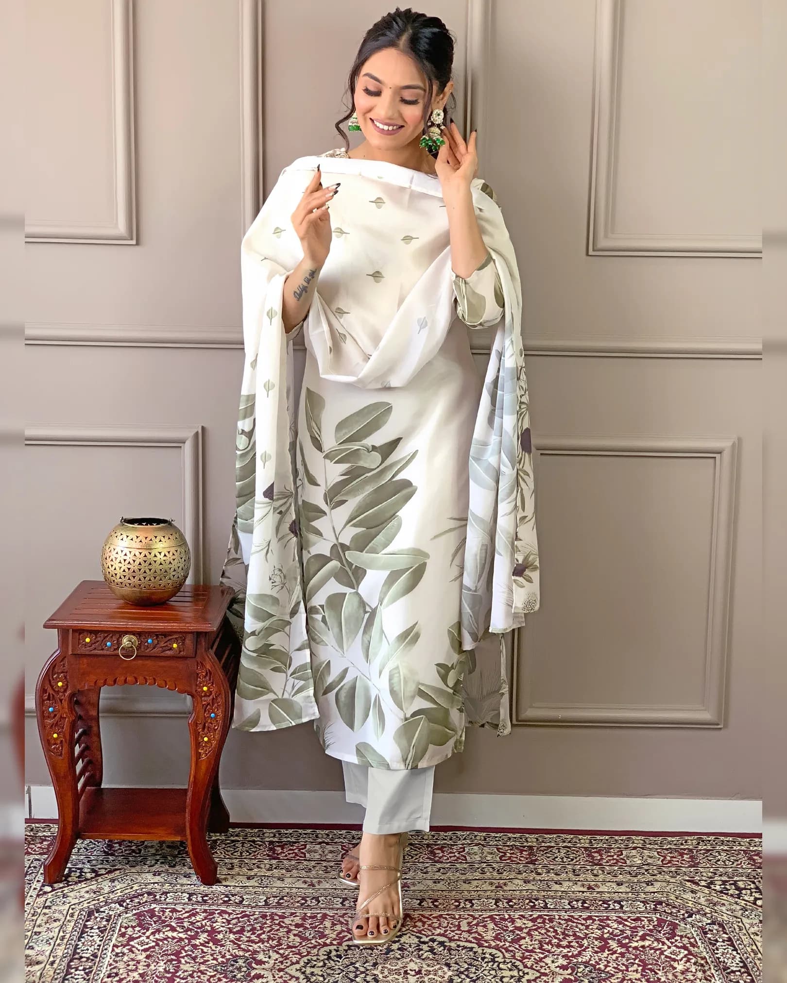 Women's Embroidered French Crepe Kurta Set with Rayon Pant & Digital Print Organza Dupatta