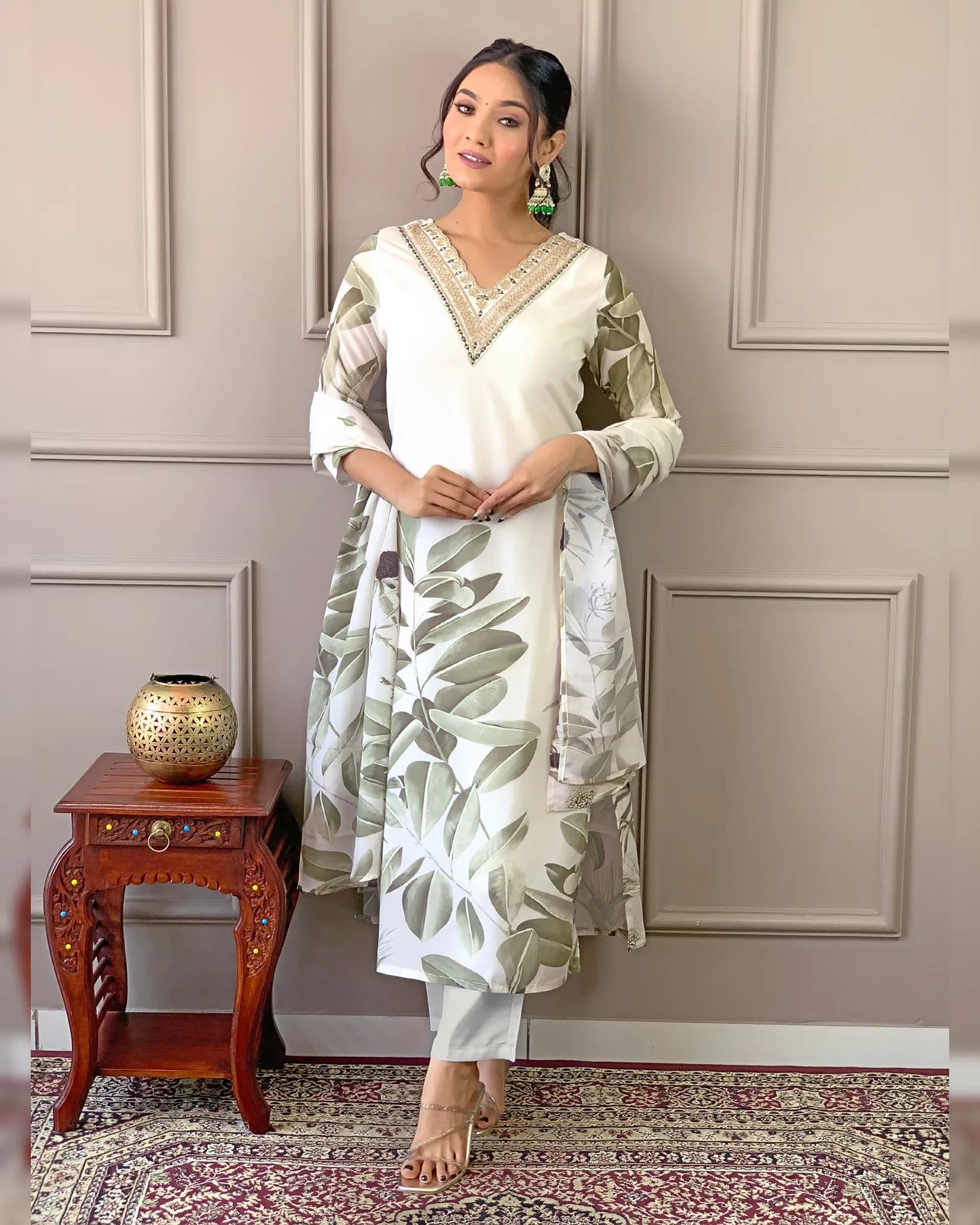 Women's Embroidered French Crepe Kurta Set with Rayon Pant & Digital Print Organza Dupatta alternate view
