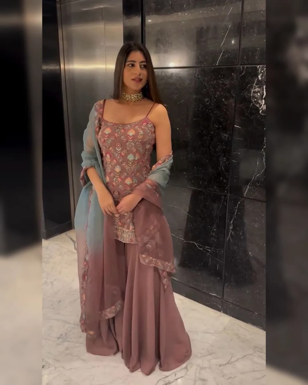 Designer Embroidered Faux Georgette Top-Sharara & Dupatta Set