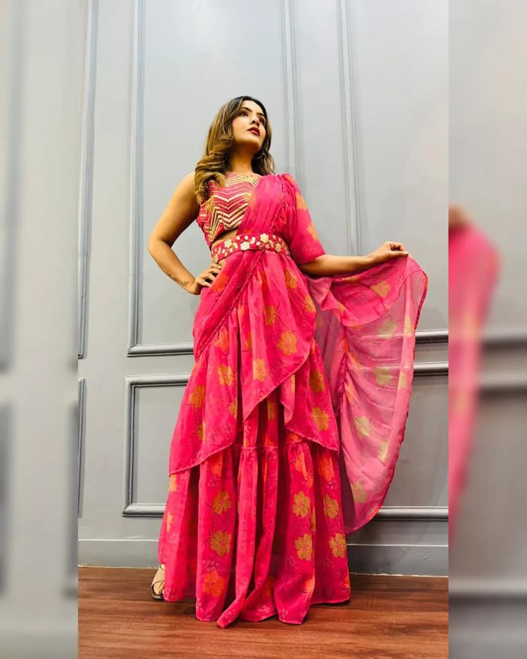 Sapnaaz Exclusive Wedding Edition Ready-to-Wear Ruffle Saree Set with Designer Blouse & Embroidered Waist Belt alternate view