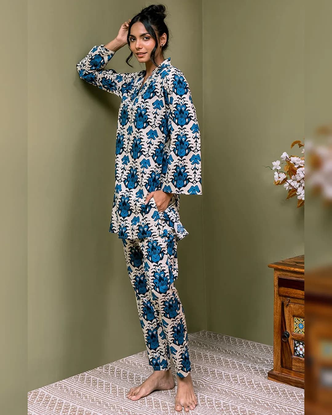 Blue Floral Printed Cotton Night Suit alternate view