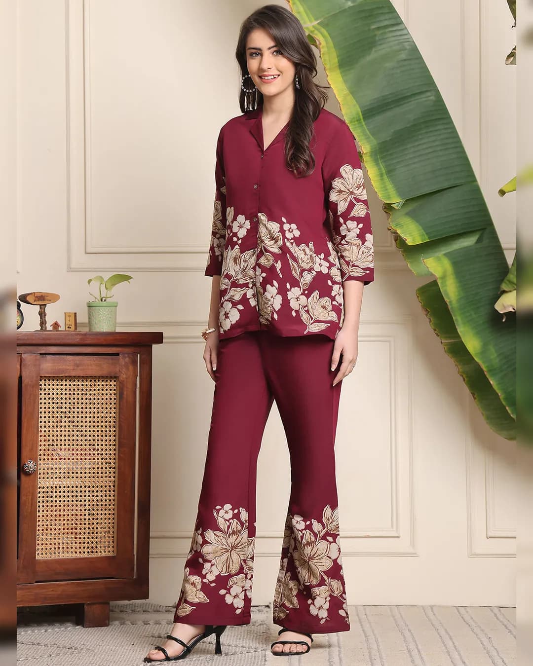 Wine Floral Printed Premium Chanderi Silk Co-Ord Set for Women
