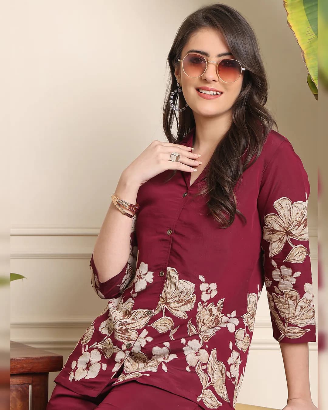 Wine Floral Printed Premium Chanderi Silk Co-Ord Set for Women alternate view