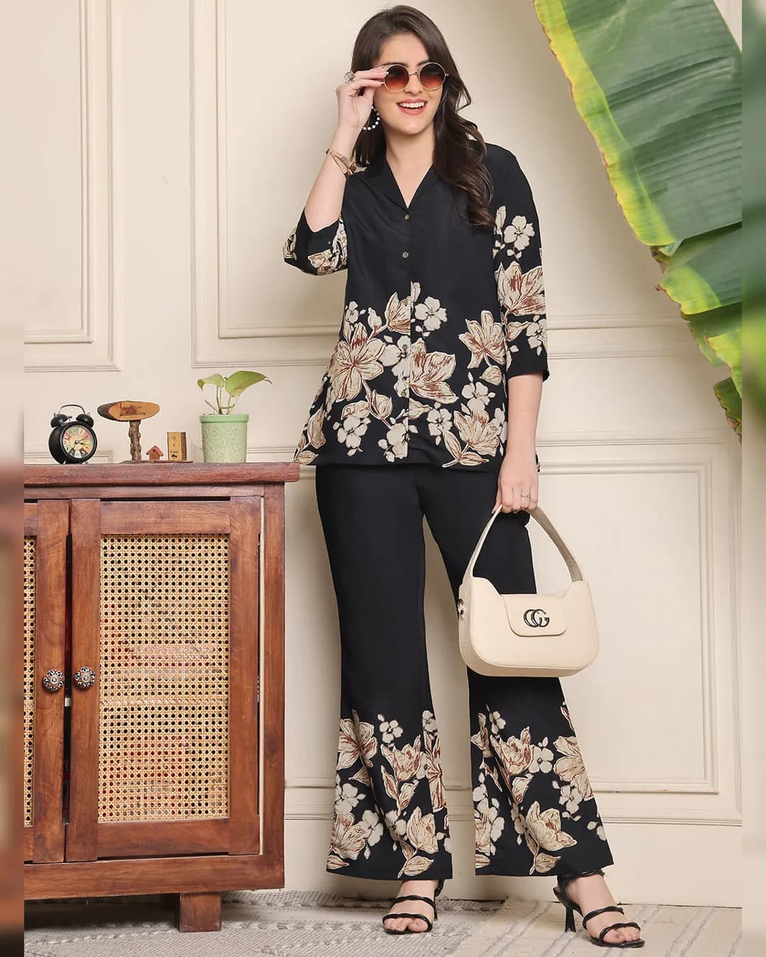 Black Floral Printed Premium Chanderi Silk Co-Ord Set