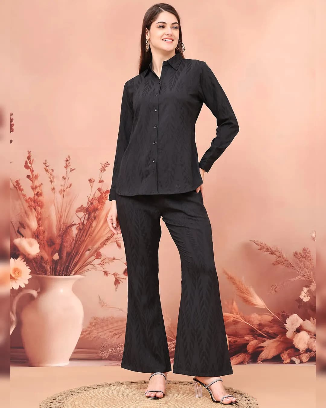 Black Self-Design Co-Ord Set for Women