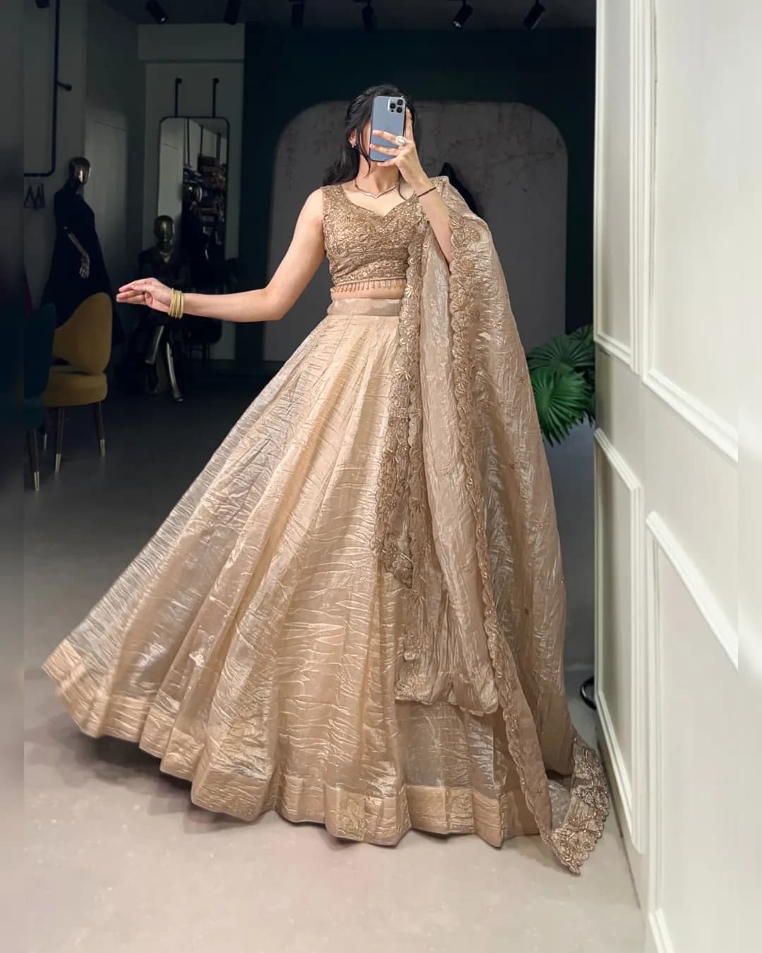 Wedding Collection 2025: Gold Crush Lehenga–Blouse–Dupatta Ensemble