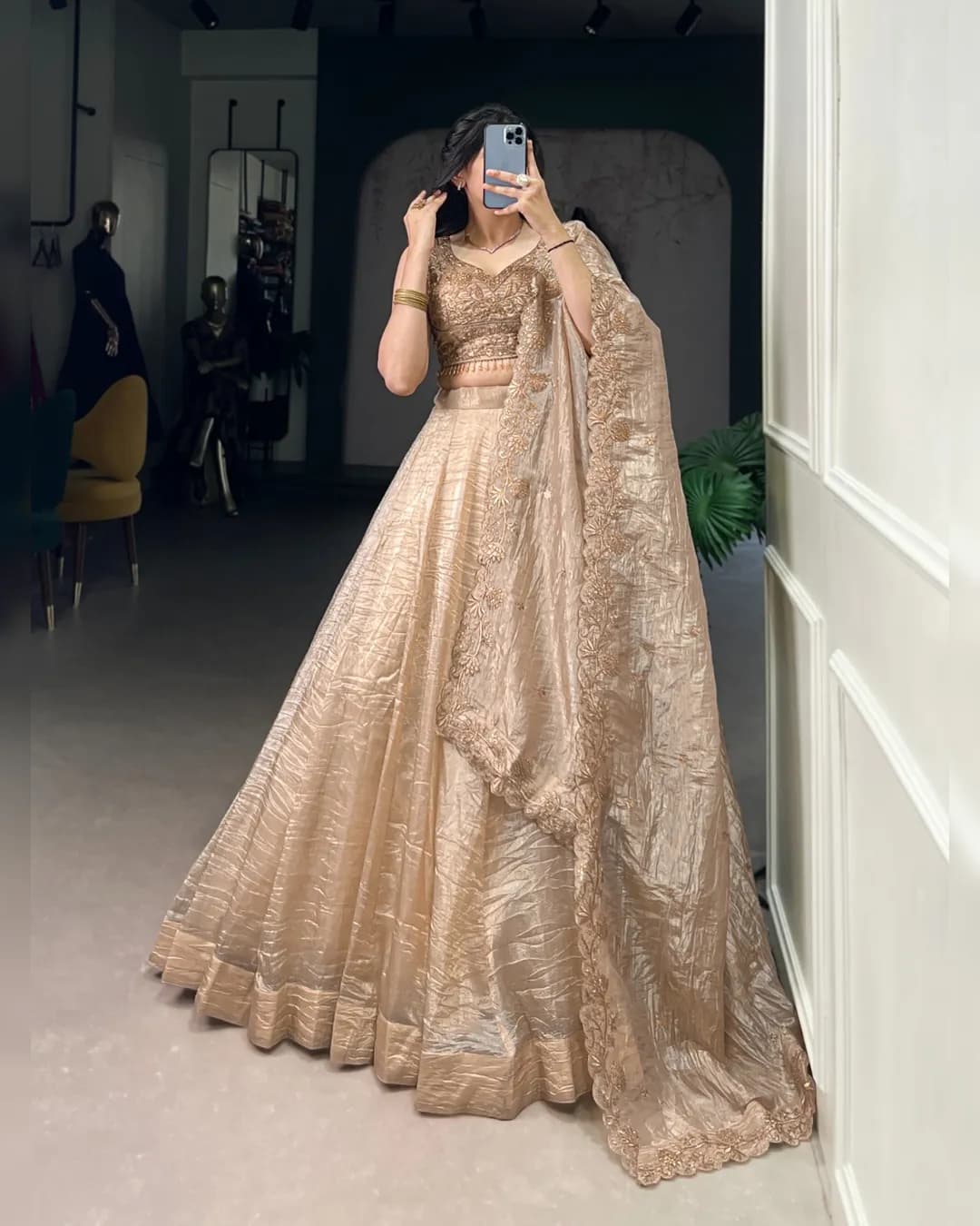 Wedding Collection 2025: Gold Crush Lehenga–Blouse–Dupatta Ensemble alternate view