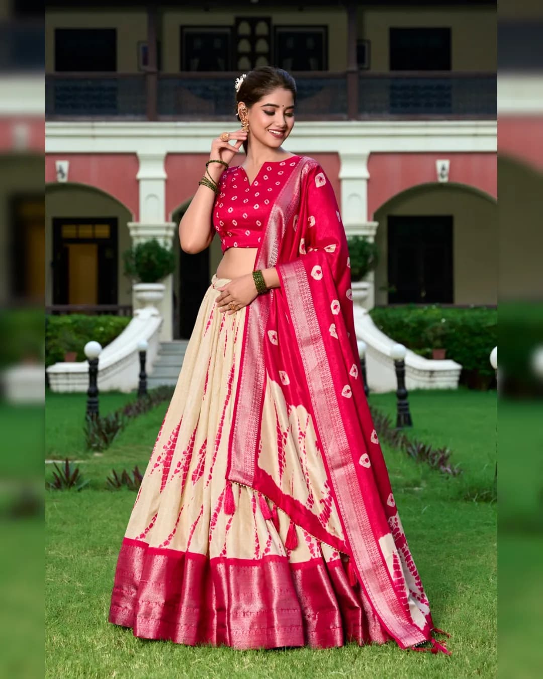 Shibori Print Dola Silk Lehenga Set with Zari Border & Tassel‑Trimmed Dupatta alternate view