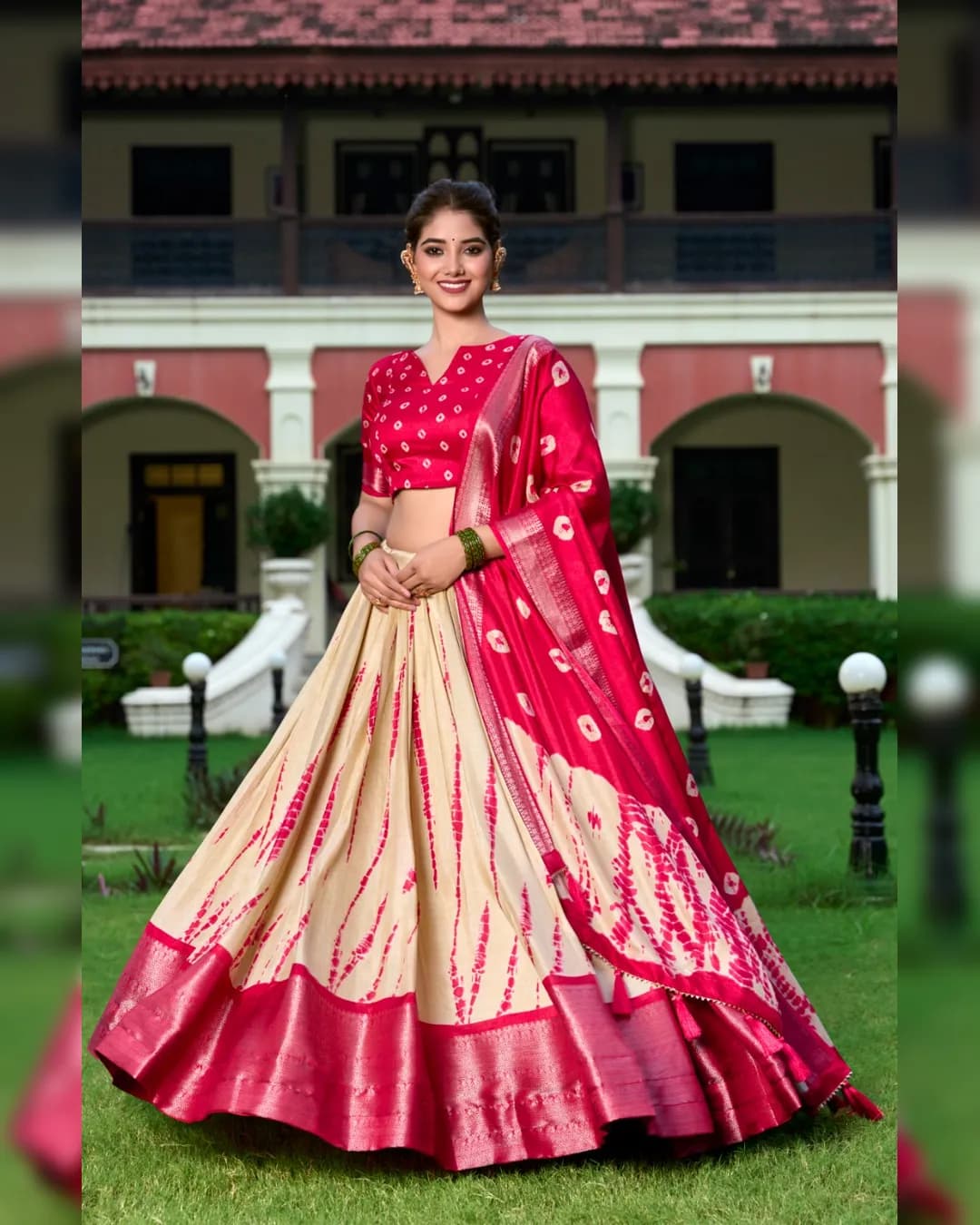 Shibori Print Dola Silk Lehenga Set with Zari Border & Tassel‑Trimmed Dupatta