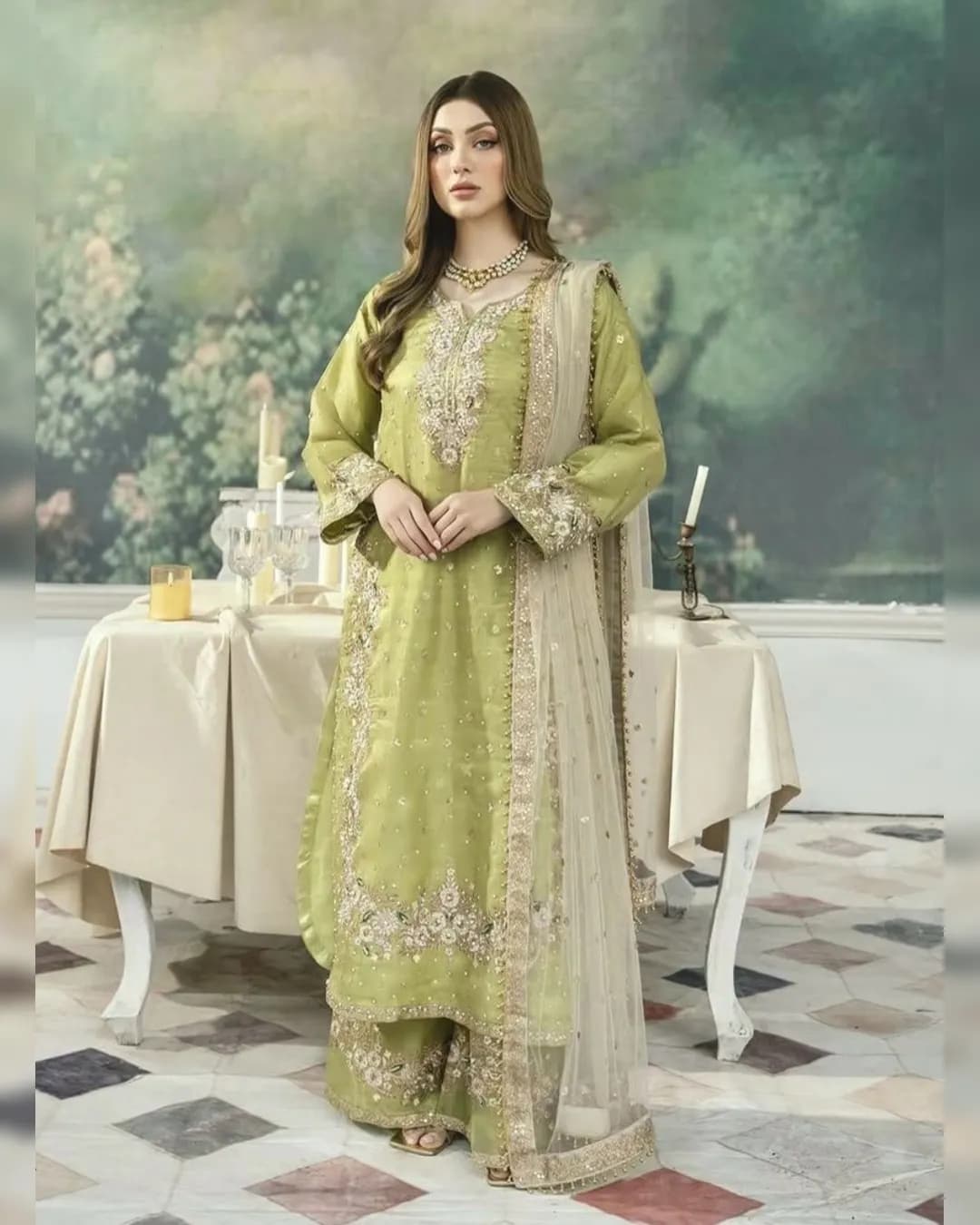 Designer Party Wear Pur Jimmy Choo Silk Kurti‑Plazzo & Butterfly Net Dupatta Set