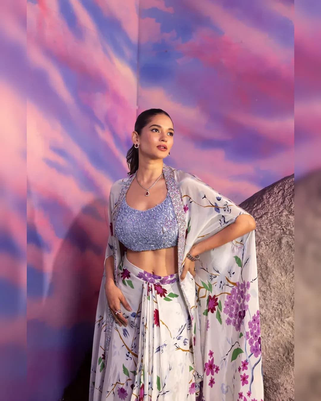 Elegant White Floral Printed Crepe Silk Cape Set alternate view