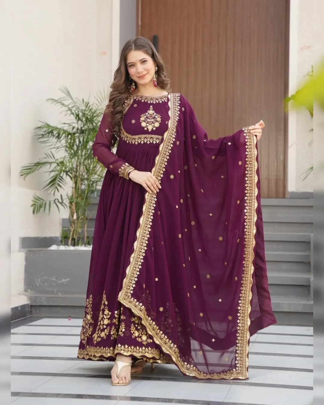 Premium Faux Blooming Georgette Gown & Dupatta Set with Zari Thread & Sequin Embroidery