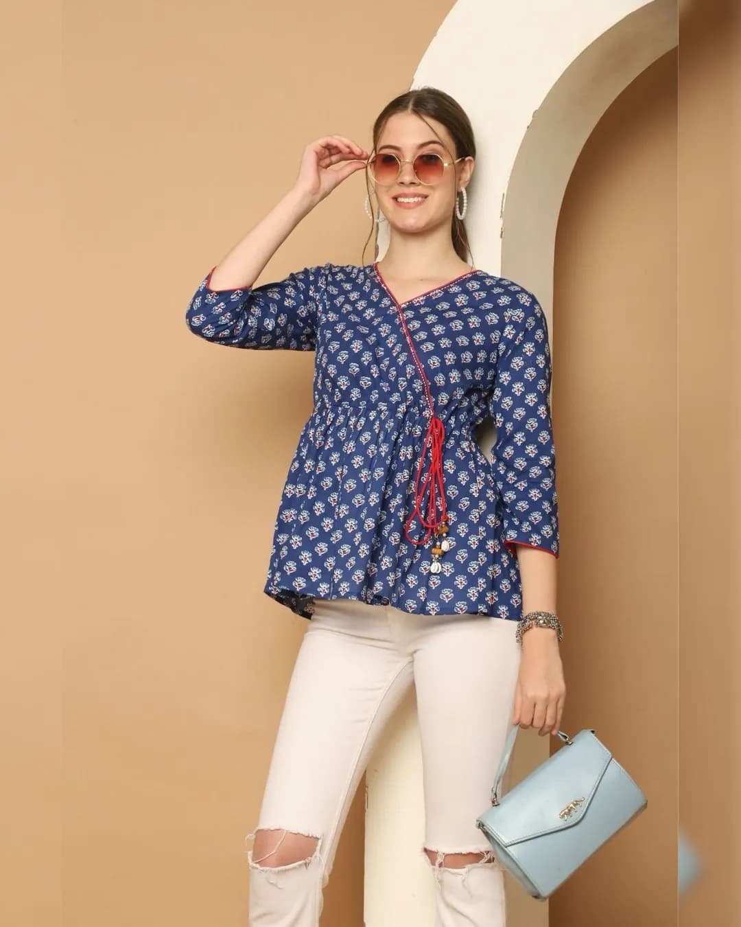 Slim Fit Cotton Short Kurti with Thread Work