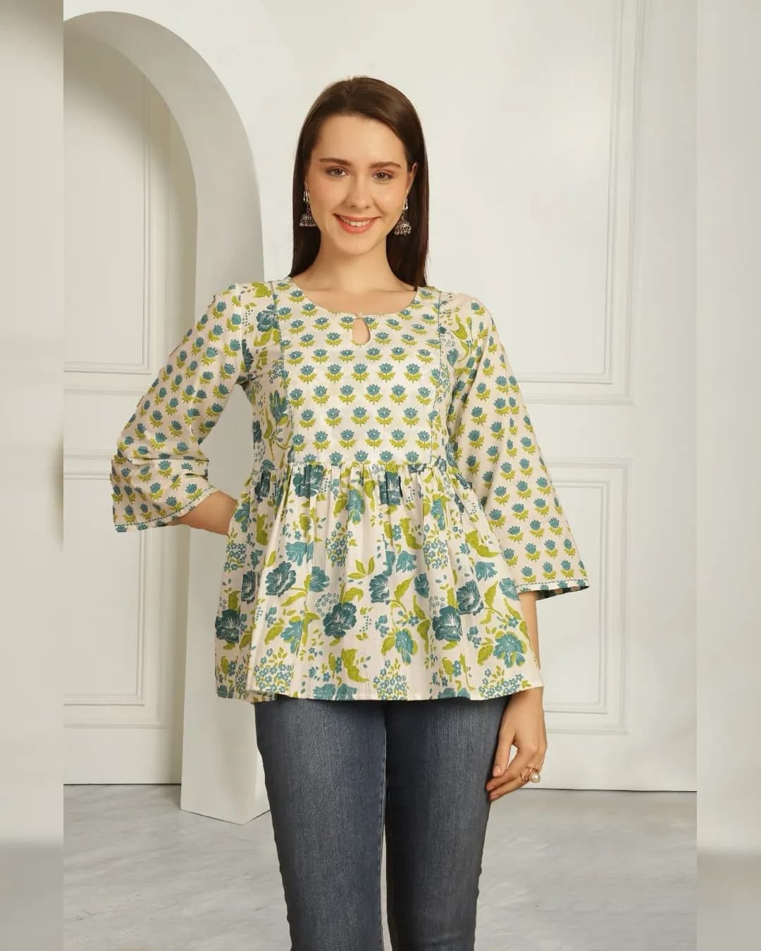 Slim Fit Cotton Short Kurti with Thread Work