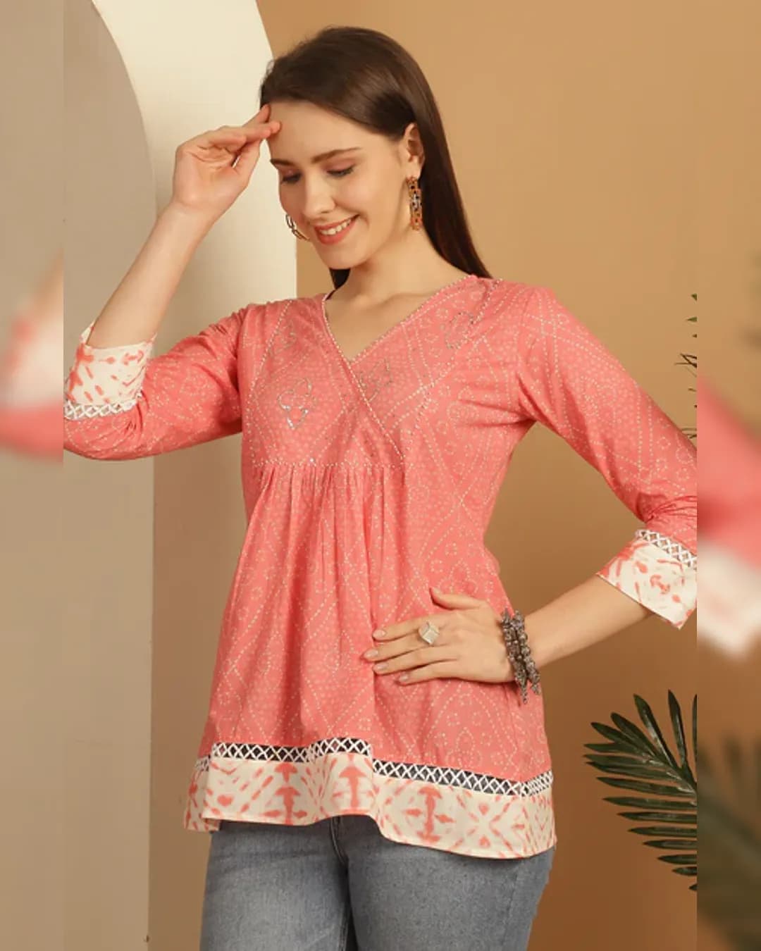 Peach Pure Cotton Bandhani Printed Short Top alternate view