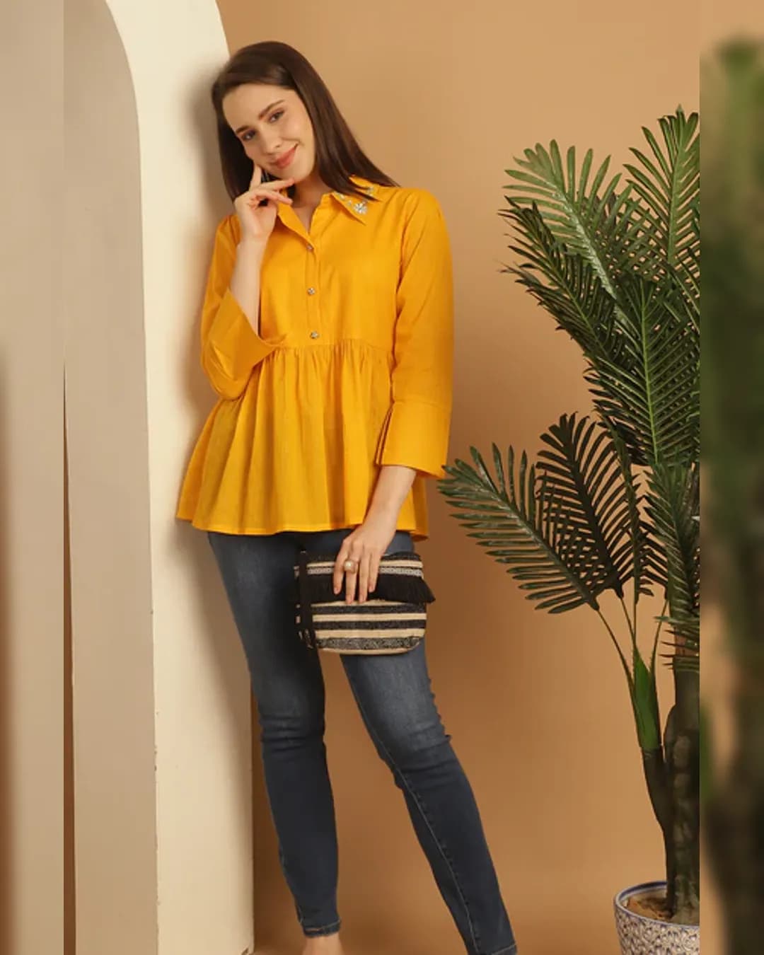 Yellow Pure Cotton Embroidered Short Top alternate view