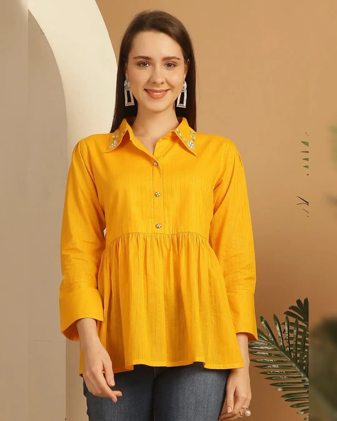 Yellow Pure Cotton Embroidered Short Top