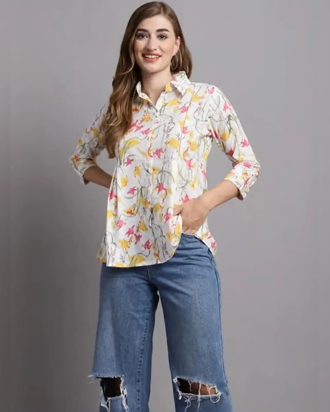 White Women's Cotton Floral Printed Short Top