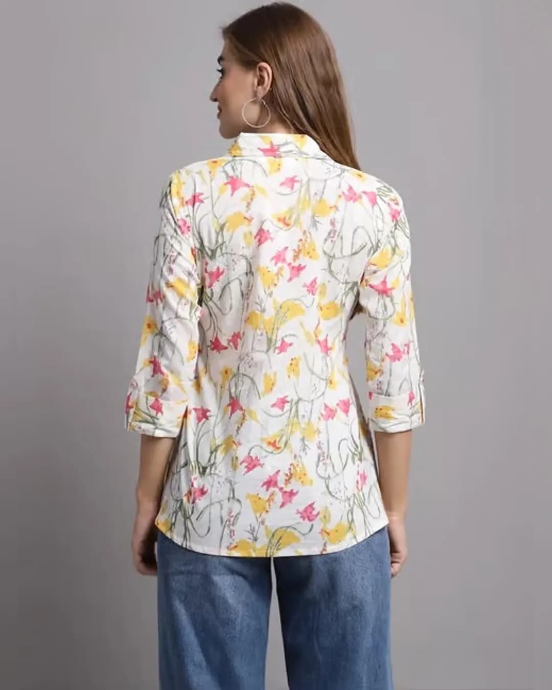 White Women's Cotton Floral Printed Short Top alternate view